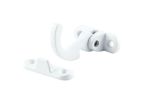 Spur Fastener Spring Catch in white, zinc construction for top hung awning windows; includes fixings and template for easy installation.