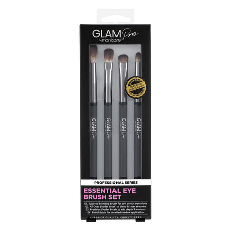 Glam by Manicare® Pro Essential Eye Brush Set featuring ultra-soft brushes for flawless eye makeup application and blending.