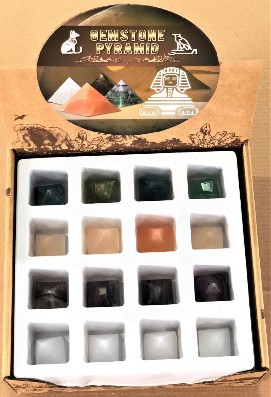 A box of 30 handcrafted gemstone pyramids, featuring amethyst, rose quartz, and citrine for decor and energy healing.