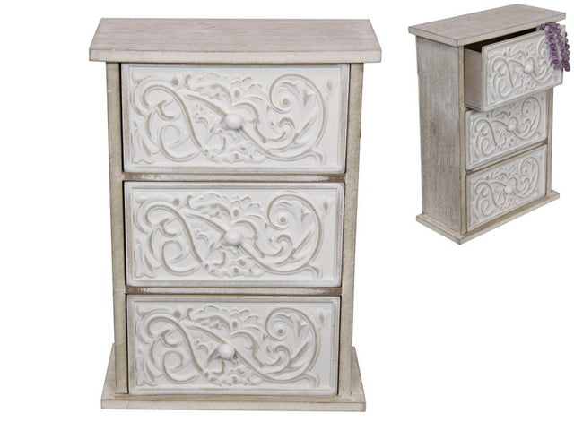 Stylish 27cm 3 Drawer Cabinet with Scroll, perfect for organizing essentials in compact spaces.