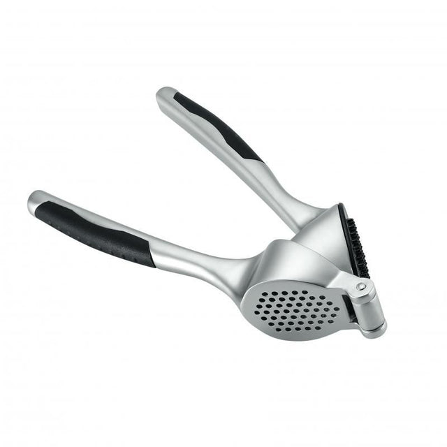 Avanti Easy Self Clean Garlic Press: stainless steel, one-handed action, self-cleaning, dishwasher safe, perfect for garlic and ginger.