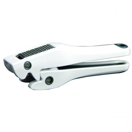 Avanti Garlic Press in White with ergonomic handle, easy squeeze mechanism, and removable stainless steel press plate.