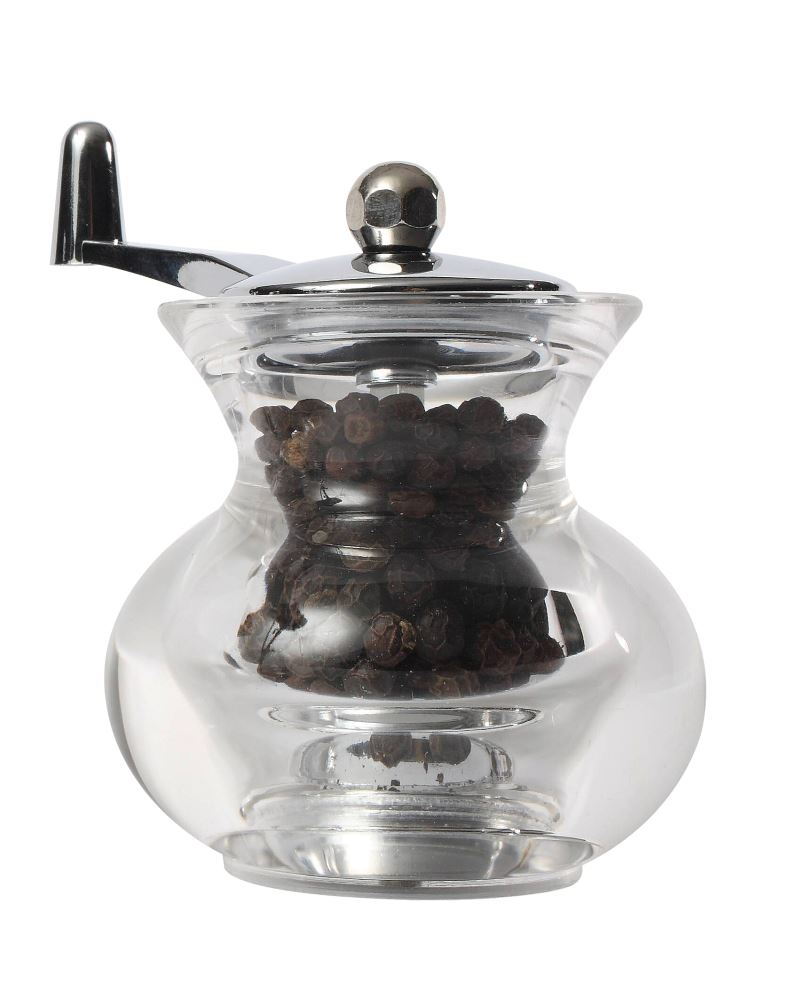 Clear acrylic Cauldron Pepper Mill with unique crank handle, 3.5 inches tall, stylish and functional for easy seasoning.