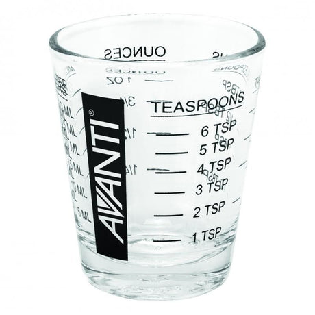 Clear plastic mini measuring glass with bold black markings for precise measurement in ounces, milliliters, tablespoons, and teaspoons.