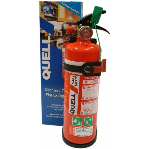 Compact Quell 1kg Powder Fire Extinguisher, ideal for kitchen and garage, featuring durable design and easy operation.