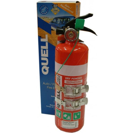 Compact Quell 1kg powder fire extinguisher for automotive and outdoor use, featuring a sturdy bracket and pressure gauge.