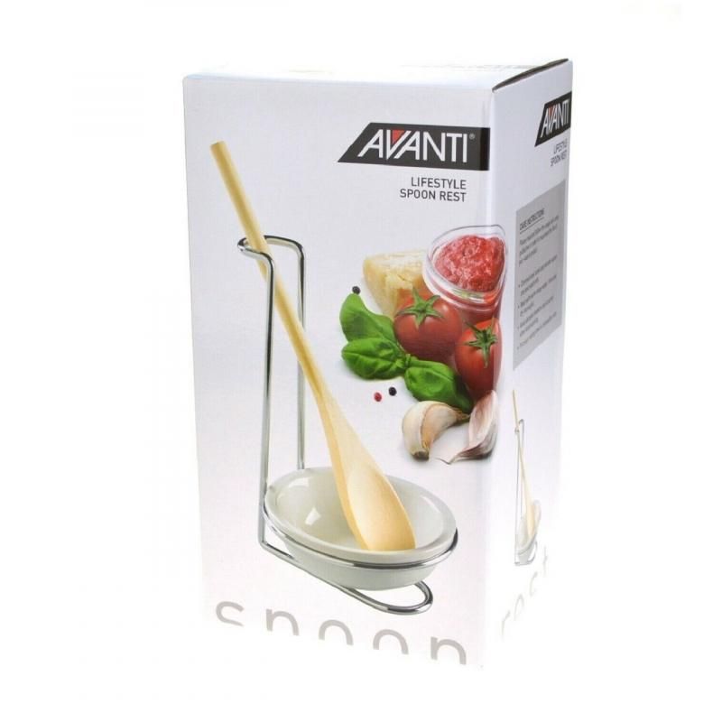 Stylish Avanti spoon rest with chromed steel stand, glazed porcelain bowl, and wooden spoon for tidy cooking.