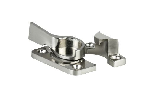 Crescent Sash Fastener in Satin Nickel Plated finish for secure sliding windows, made of durable zinc with complete installation screws.
