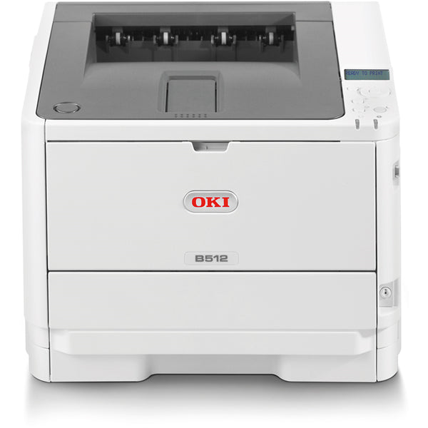 Monochrome LED printer OKI B512dn, 45ppm speed, duplex printing, 530-sheet capacity, ideal for high-volume office use.