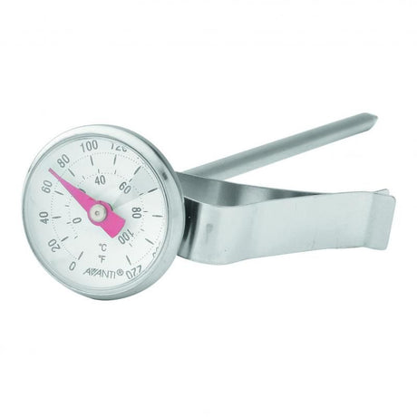 Avanti Milk Frothing Thermometer with stainless steel body, dual display, and clip for accurate milk temperature reading.