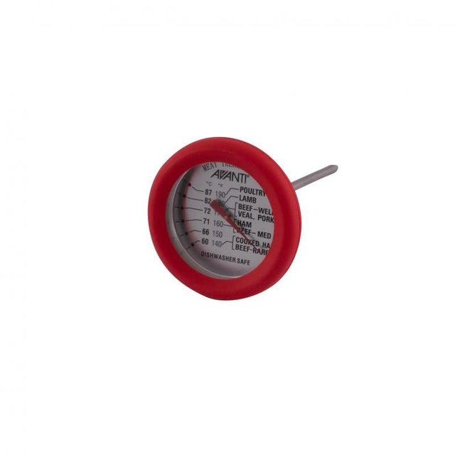 Avanti Meat Thermometer in red with silicone grip, easy-to-read dial, and precise temperature range for perfect cooking.