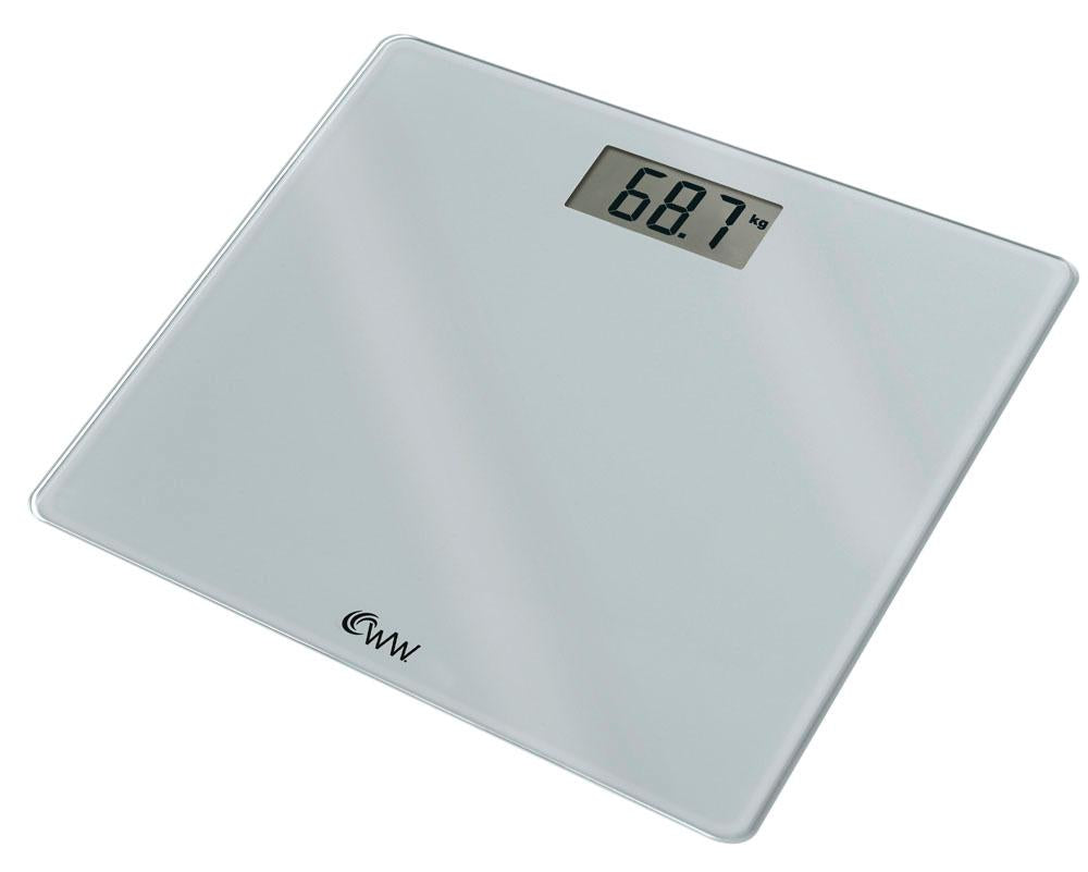 Sleek Weight Watchers electronic bathroom scales with glass base, digital display, and 182kg capacity for effortless weight tracking.