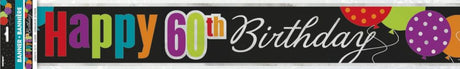 Elegant 60th birthday foil banner, 3.65M long, perfect for indoor or outdoor celebrations, adds festive charm to any party.