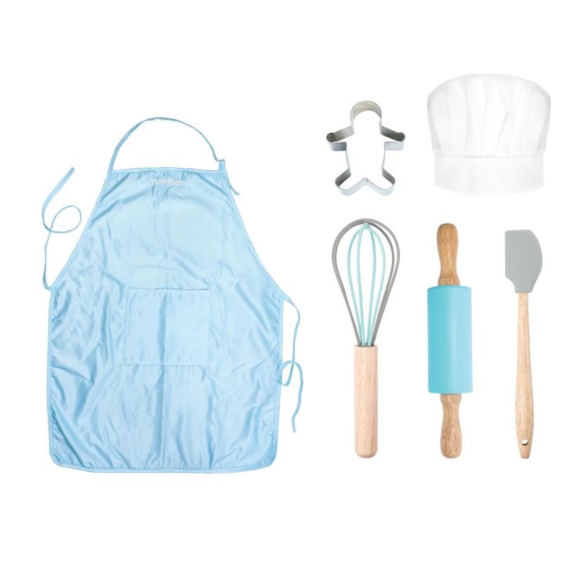 Avanti YumYum Kids Baking Set in blue, featuring child-sized utensils, chef hat, and adjustable apron for young bakers.