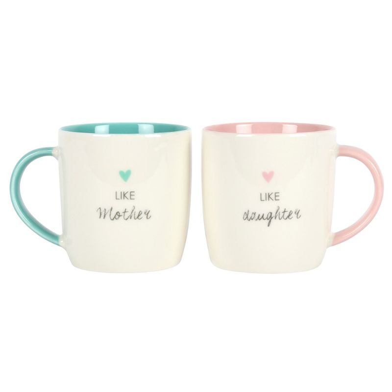 Ceramic double mug set in pastel teal and pink, featuring 'Like Mother' and 'Like Daughter' inscriptions, perfect gift for bonding.