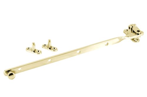 Brass plated fanlight stay for top hung windows, 305mm, combines style with functionality and includes adjustable positioning holes.