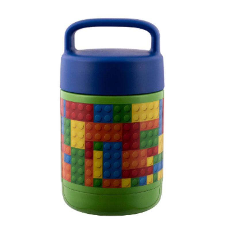 Avanti YumYum Food Jar in Building Blocks design, 375ml, perfect for kids’ meals on the go with a convenient handle.