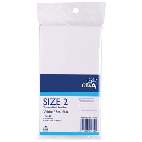 Croxley Size 2 Easi Bond envelopes, white, 92x165mm, 25-pack for secure mailing of documents and letters.