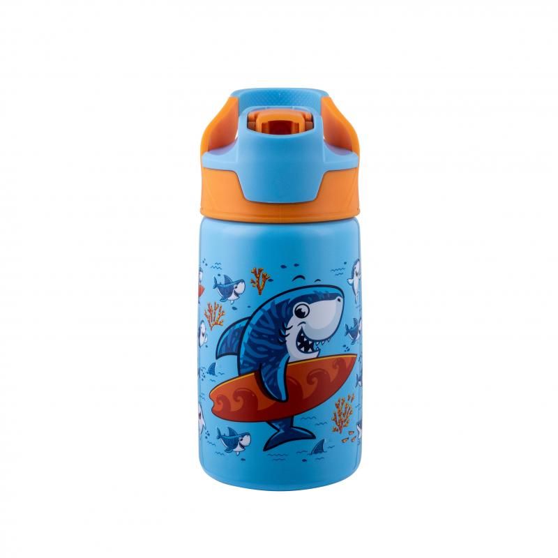 Avanti YumYum 375ml insulated bottle in Surfing Sharkie design, ideal for keeping drinks hot or cold on the go.