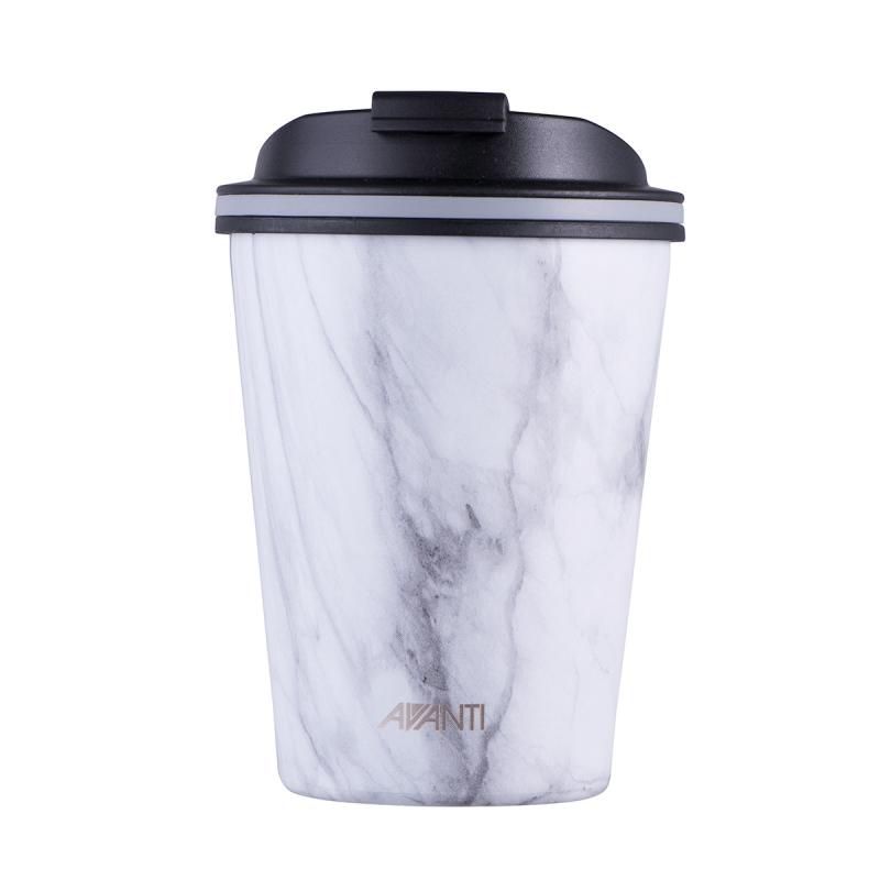 White marble travel cup with double wall insulation, keeping drinks hot for 8 hours and cold for 16, perfect for on-the-go.