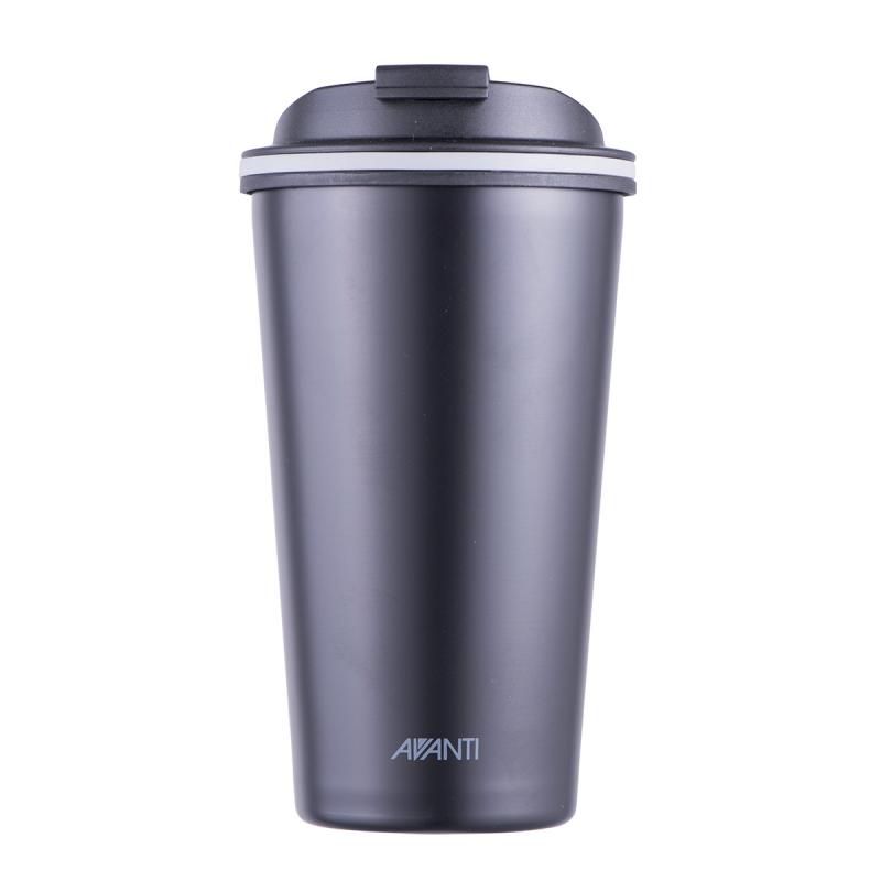 Avanti Go Cup 410ml in black, insulated for hot/cold drinks, spill-proof, eco-friendly, fits most cup holders.