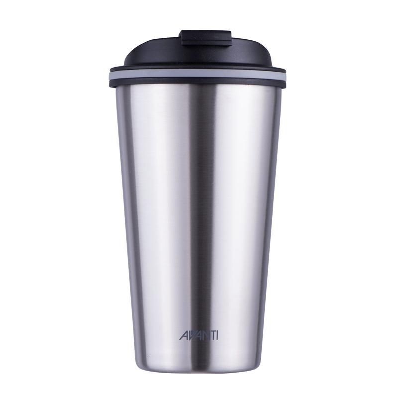 Avanti Go Cup in brushed stainless steel, 410ml, double insulated for hot/cold drinks, eco-friendly, spill-resistant design.