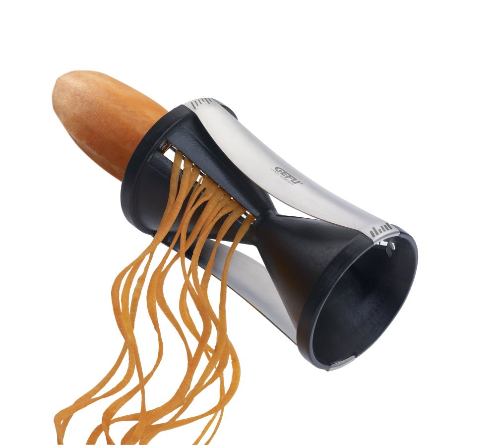 Julienne Spirelli by GEFU: innovative spiral slicer for precise vegetable strips, two sizes, durable stainless steel and plastic.