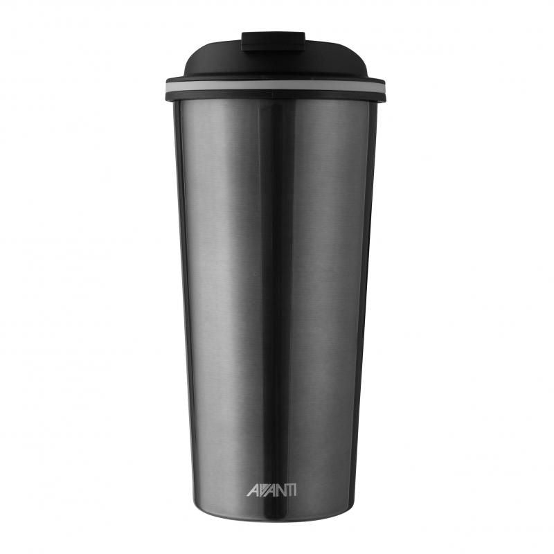 Sleek gunmetal reusable travel mug, 473ml capacity, double-wall insulation for hot drinks up to 8 hours, eco-friendly design.