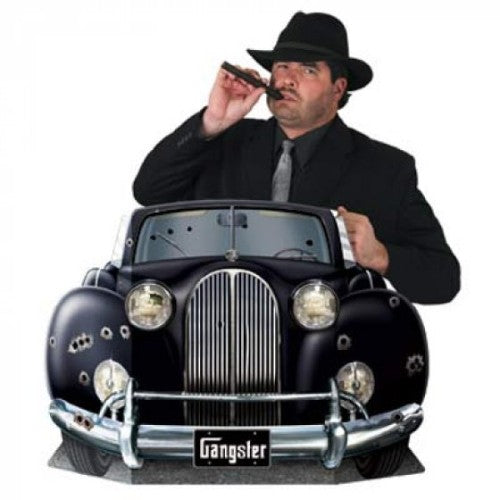 Cardboard gangster photo prop measuring 94cm x 64cm, perfect for themed photoshoots.