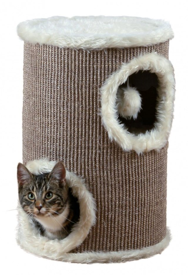 Edoardo Cat Scratching Tower in taupe/cream, featuring sisal surface, plush cover, two storeys, and a toy on a string.