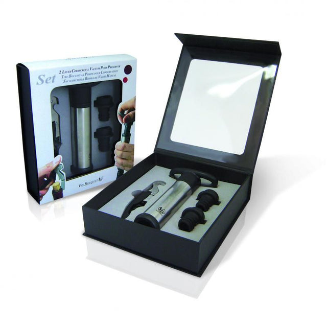 Vin Bouquet Essential Wine Set featuring a corkscrew, vacuum pump, and stoppers for opening and preserving wine elegantly.