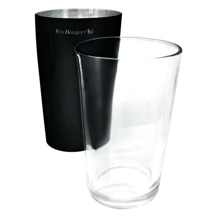 Vin Bouquet Boston Cocktail Shaker with rubber grip, 700ml capacity, stainless steel, includes glass and built-in filter.