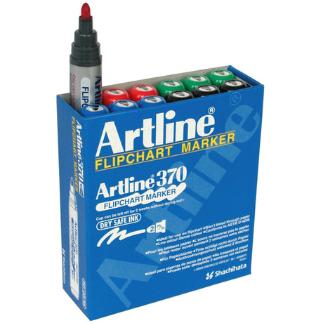 Artline 370 Flipchart Marker set of 12 vibrant 2mm bullet nib markers, ideal for clear, bold presentations without bleeding.