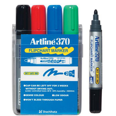 Artline 370 Flipchart Marker set with 4 vibrant colors and 2mm bullet nib, ideal for clear, bold presentations.