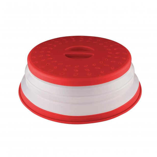 Bright red Avanti Microwave Food Cover, 10.5 inches, prevents splatter, keeps food moist, collapsible, and dishwasher safe.