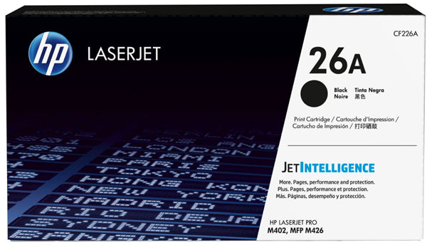 HP 26A Black Toner cartridge for sharp text and graphics, lasting up to 3,100 pages, compatible with LaserJet Pro models.