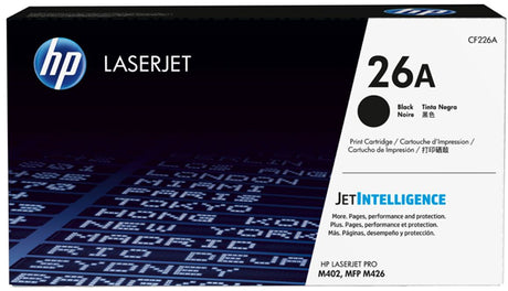 HP 26A Black Toner cartridge for sharp text and graphics, lasting up to 3,100 pages, compatible with LaserJet Pro models.