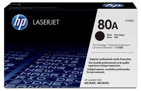 HP 80A Black Toner cartridge for sharp, professional prints, yielding up to 2,560 pages with easy installation and reliable performance.