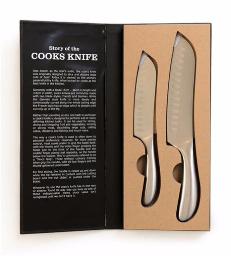 Stainless steel knife set with 18cm and 13cm blades, featuring ergonomic handles for comfortable chopping and slicing.