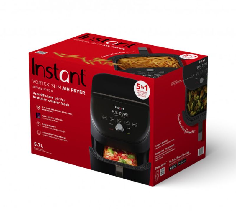 Instant Pot Vortex Slim Air Fryer 5.7L: compact design, Quiet Mark certified, 5-in-1 cooking, and easy cleanup for healthier meals.