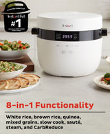 Instant Pot 20 Cup Rice Cooker with 8-in-1 functionality, CarbReduce tech, and dishwasher-safe components for easy cooking.