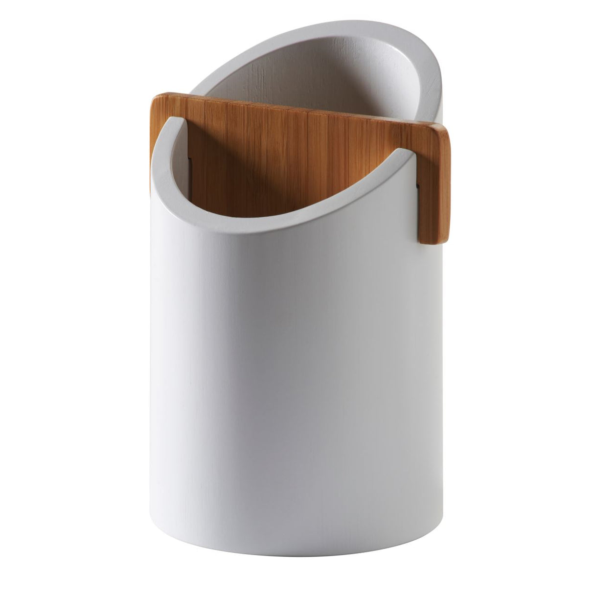 Clear acrylic utensil holder with bamboo accents, designed to organize short and tall cooking tools in modern kitchens.