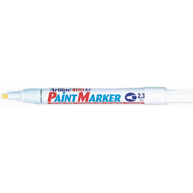 Artline 400 Paint Marker set in white, featuring 12 durable markers with 2.3mm bullet nibs for precise, permanent marking.