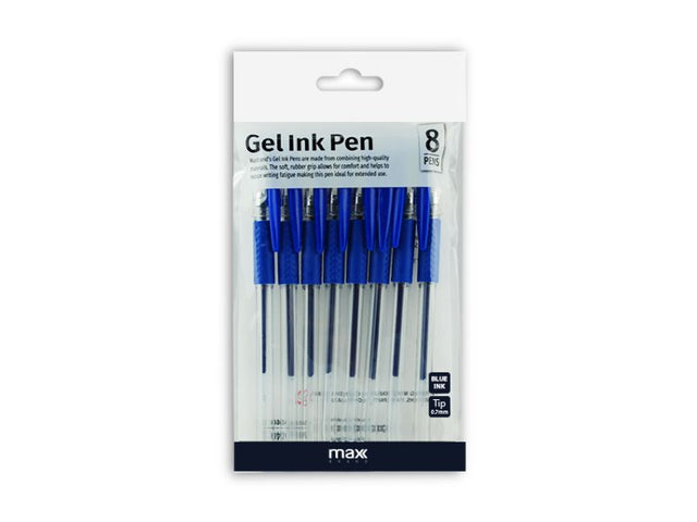Eight vibrant blue gel ink pens in a pack, designed for smooth, effortless writing and comfortable grip. Perfect for all uses.