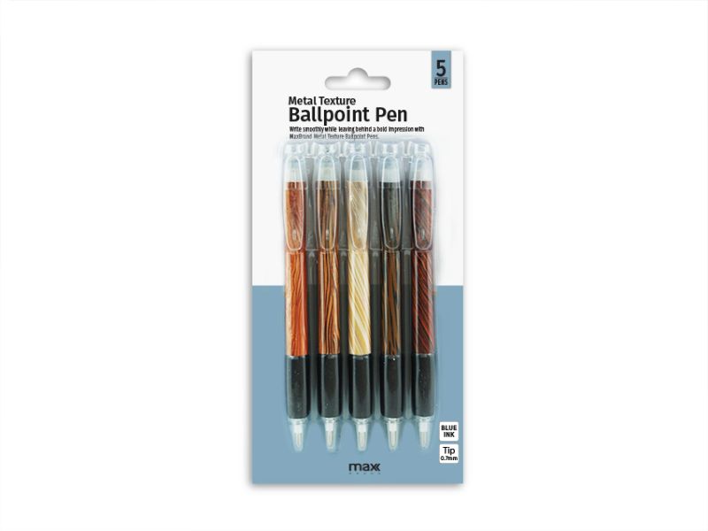 Sleek MC Metal Texture Ball Pens, 5 per pack, 0.7mm tip, consistent blue ink, stylish and reliable for daily use.