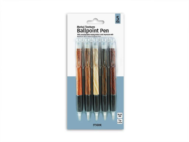 Sleek MC Metal Texture Ball Pens, 5 per pack, 0.7mm tip, consistent blue ink, stylish and reliable for daily use.
