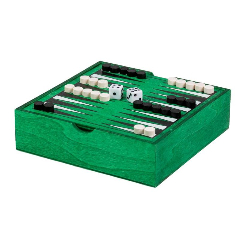 Travel-sized wooden backgammon set, beautifully crafted for two players, perfect for gaming on the go.