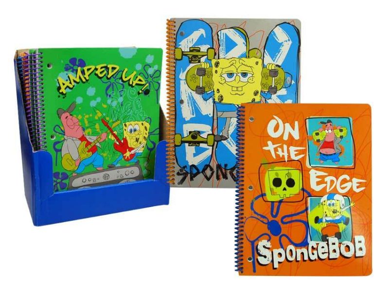 Vibrant SpongeBob-themed notebooks with 100 lined pages and durable ribbed spines, sold in packs of 24.