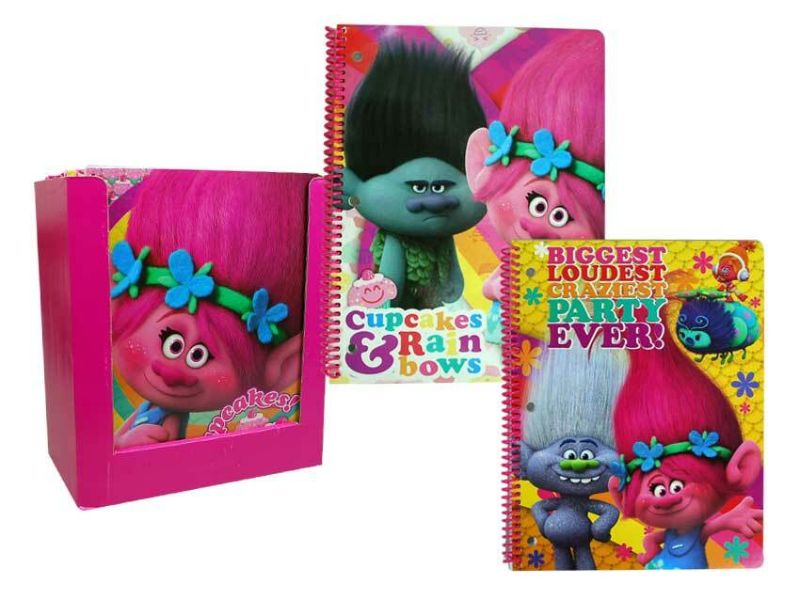 Vibrant Dreamworks Trolls notebook with 100 lined pages and durable ribbed spine, perfect for creativity and note-taking.