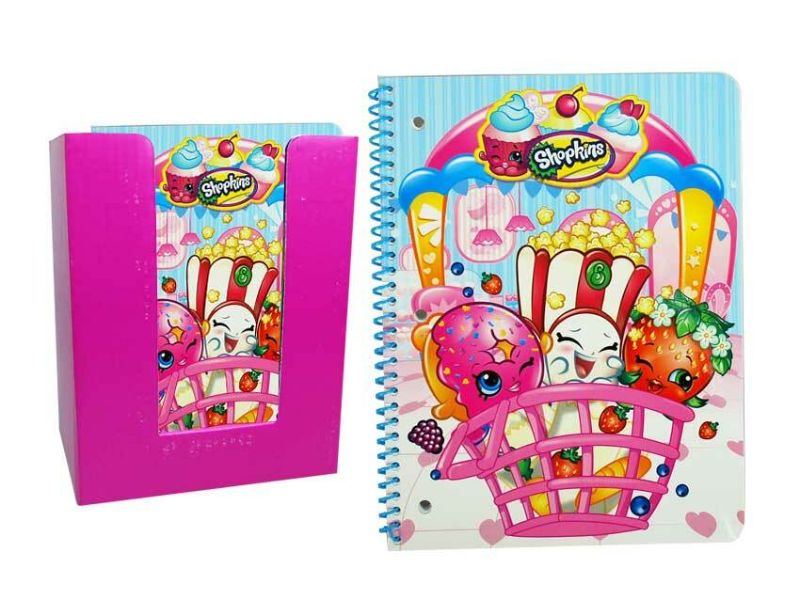 Colorful Shopkins-themed notebooks set, featuring 100 lined pages and durable ribbed spine, perfect for creative note-taking.